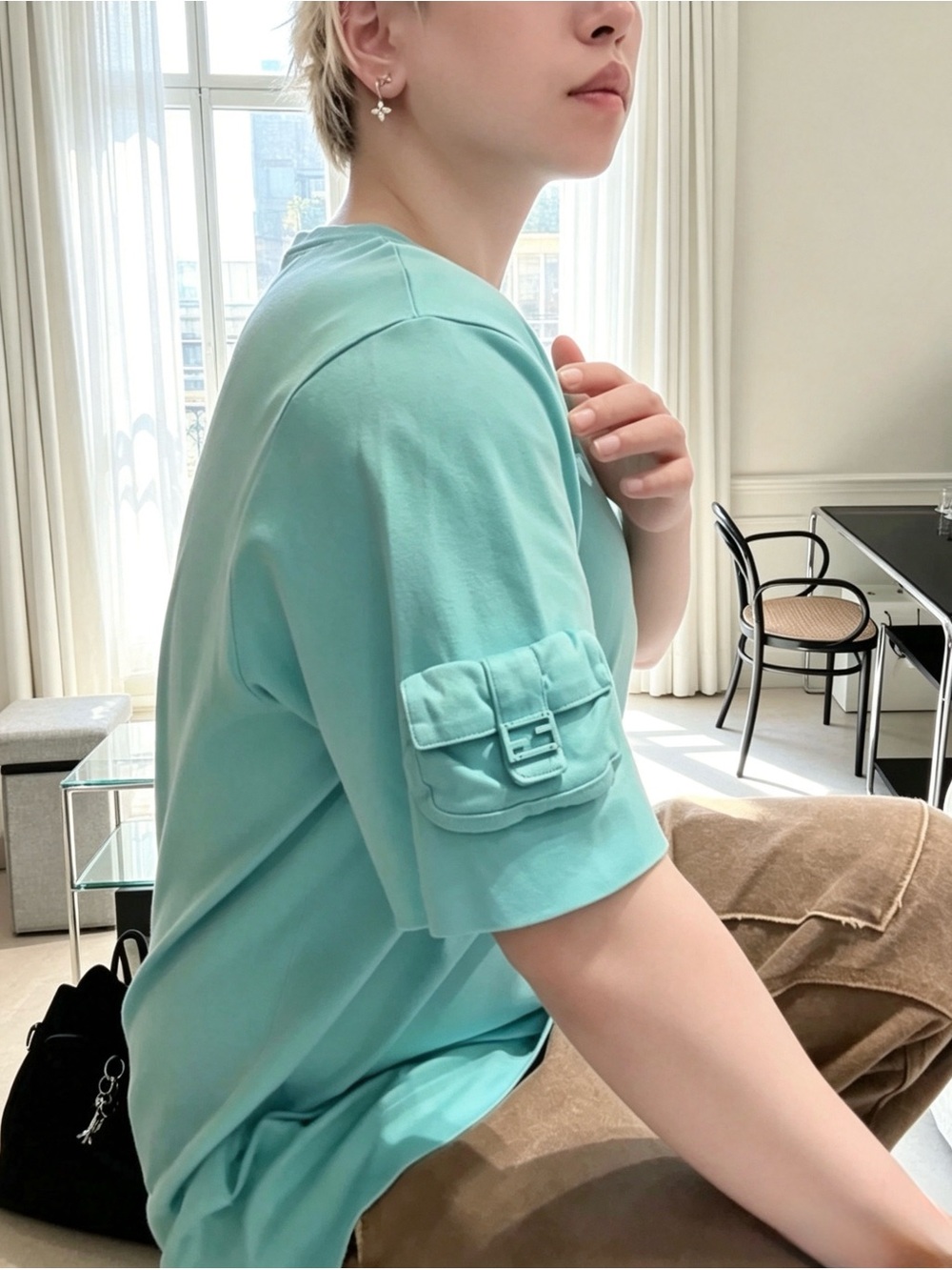 Authentic Fendi Tiffany Blue Short Sleeve T-Shirt FF Logo Cuff Pocket